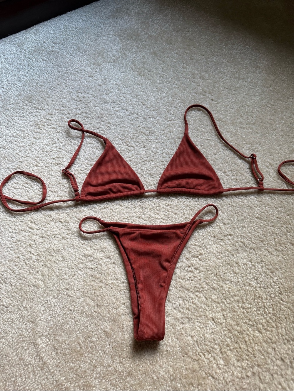 Ribbed Triangle Bikini Set in Rust Brown - Women's Swim